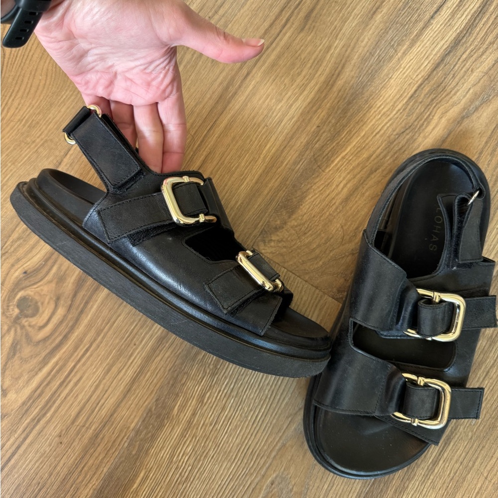 ALOHAS Black Sandals with Gold Buckles